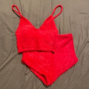 For Love and Lemons x Victorias Secret cherry red fuzzy tank and retro short set
